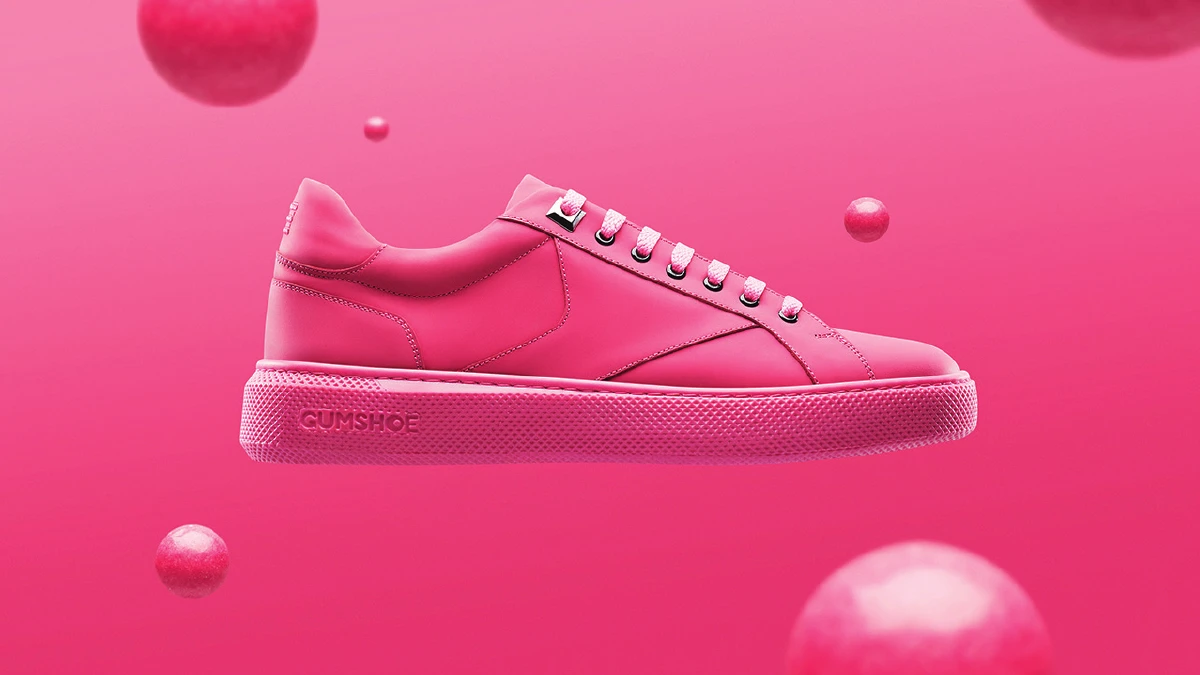 Original slide 11: pink GUMSHOE side view with visible seams, laces and sole lettering