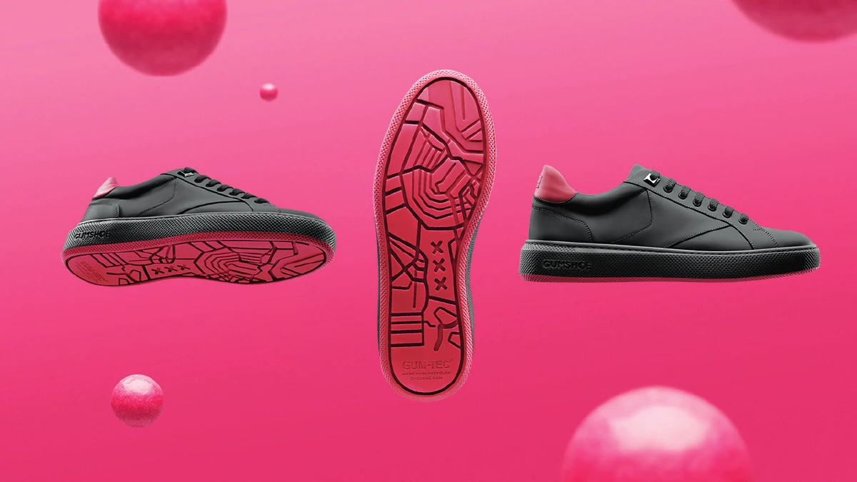 Original slide 12: black GUMSHOE with pink outsole, bottom view and side views