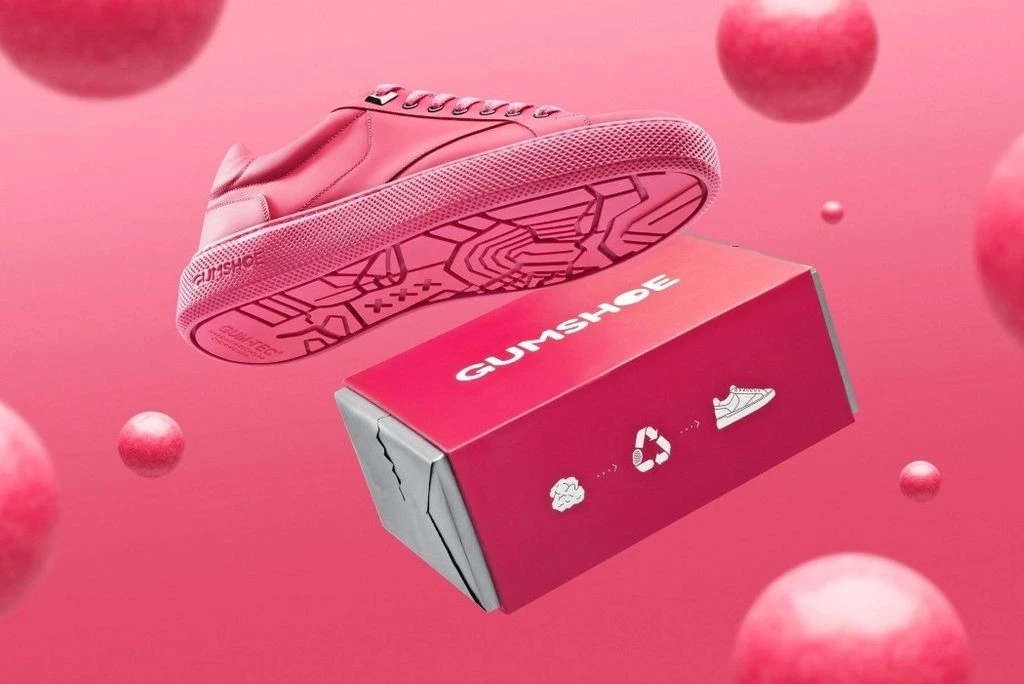 Original campaign composition showing a pink GUMSHOE above a branded pink shoe box